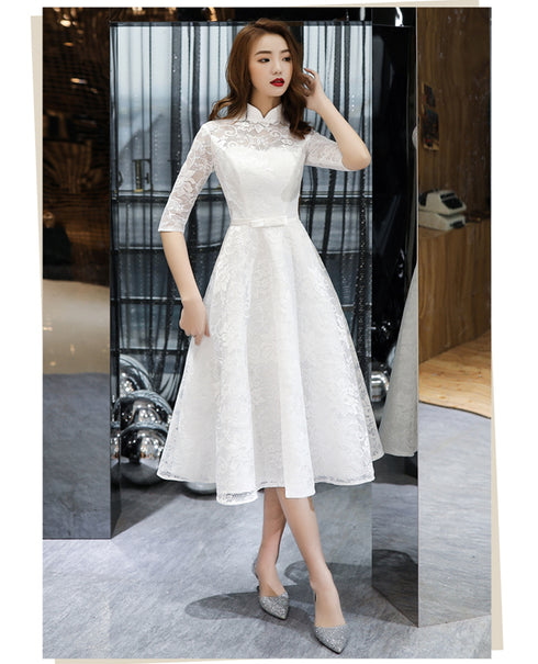 Lovely White Tea Length Lace Simple Short Sleeves Party Dress, White Lace Wedding Party Dress Graduation Dress
