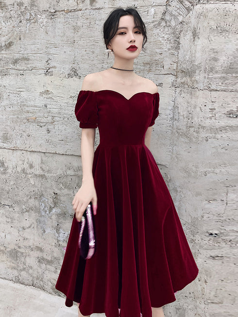 Lovely Wine Red Short Sleeves Velvet Homecoming Dress, Burgundy Prom Dress Formal Dress