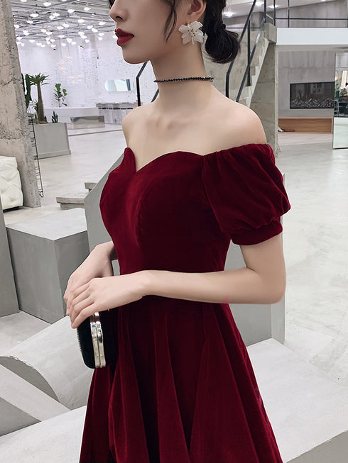 Lovely Wine Red Short Sleeves Velvet Homecoming Dress, Burgundy Prom Dress Formal Dress