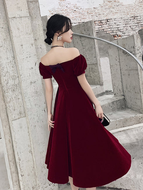 Lovely Wine Red Short Sleeves Velvet Homecoming Dress, Burgundy Prom Dress Formal Dress