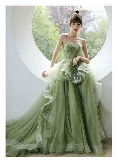 Mint Green Tulle Sweet 16 Long Formal Dress, Green Sweetheart Evening Party Dresses