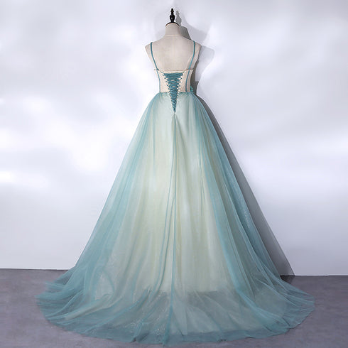 Mint Green Long Tulle with Lace Sweet 16 Dress, Beautiful Long Party Dresses