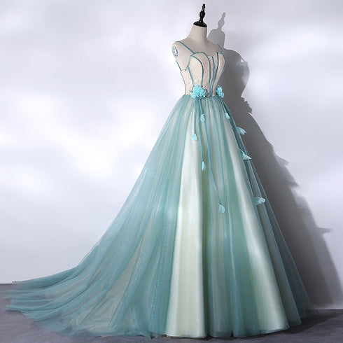 Mint Green Long Tulle with Lace Sweet 16 Dress, Beautiful Long Party Dresses