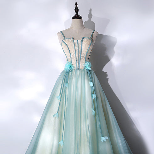 Mint Green Long Tulle with Lace Sweet 16 Dress, Beautiful Long Party Dresses