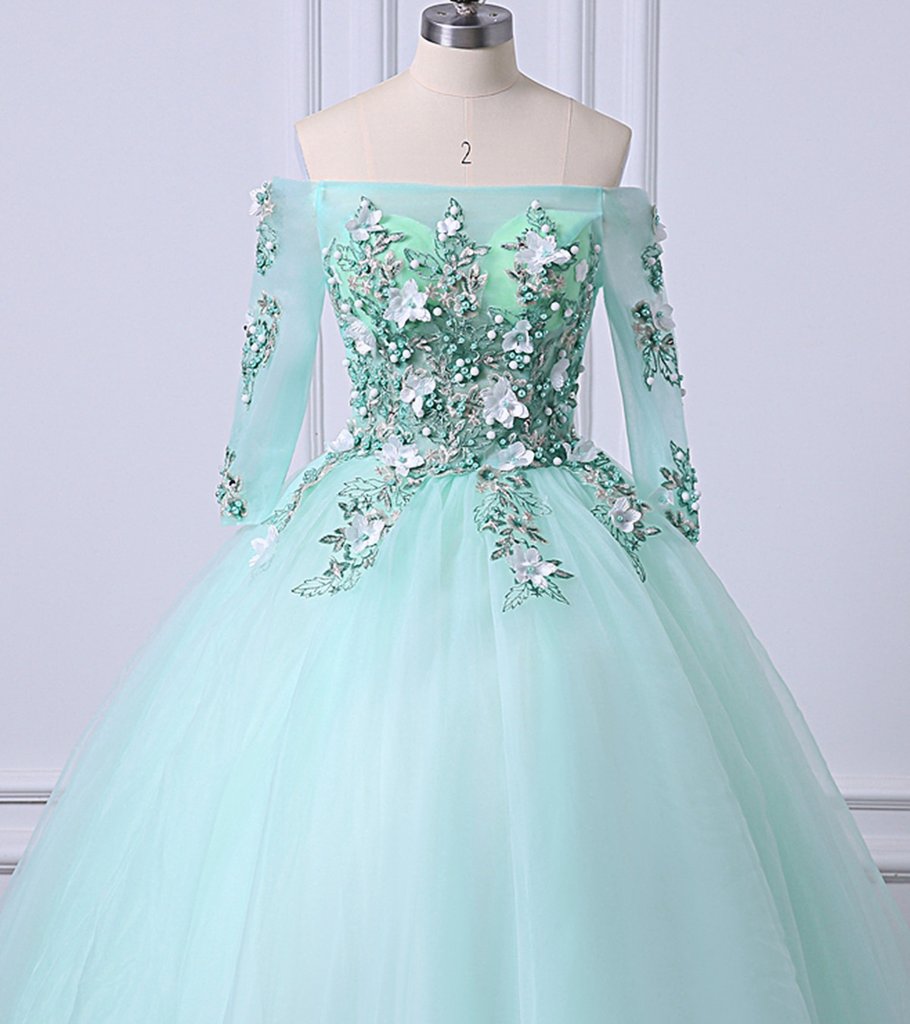 Mint Green Tulle Off Shoulder Long Sleeve Lace Applique Sweet 16 Prom Dress, Formal Dress US size 16W / Custom Color Mint Green Tulle Off Shoulder Long Sleeve Lace Applique Sweet 16 Prom Dress, Formal Dress US size 16W / Custom Color