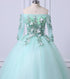 Mint Green Tulle Off Shoulder Long Sleeve Lace Applique Sweet 16 Prom Dress, Formal Dress
