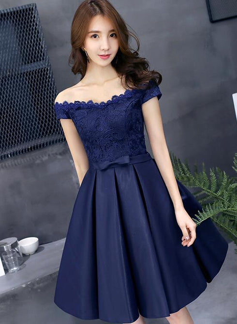 Navy Blue Lace and Satin Off Shoulder Party Dress with Bow, Cute Homecoming Dresses