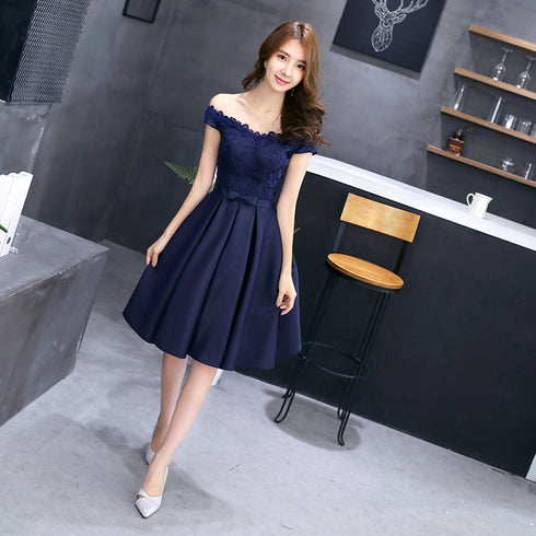 Navy Blue Lace and Satin Off Shoulder Party Dress with Bow, Cute Homecoming Dresses