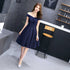 Navy Blue Lace and Satin Off Shoulder Party Dress with Bow, Cute Homecoming Dresses