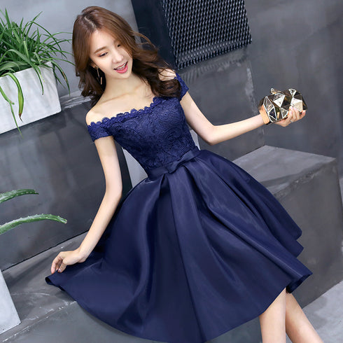 Navy Blue Lace and Satin Off Shoulder Party Dress with Bow, Cute Homecoming Dresses
