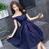 Navy Blue Lace and Satin Off Shoulder Party Dress with Bow, Cute Homecoming Dresses