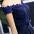 Navy Blue Lace and Satin Off Shoulder Party Dress with Bow, Cute Homecoming Dresses