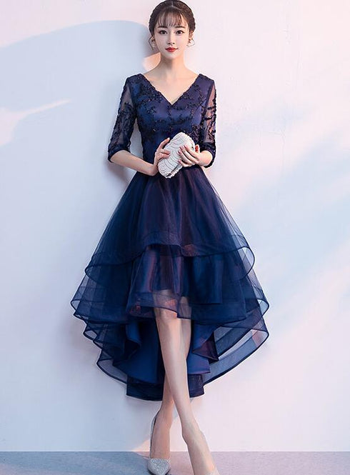 Navy Blue Lace and Tulle Layers V-neckline High Low Party Dress, Blue Short Prom Dress