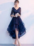 Navy Blue Lace and Tulle Layers V-neckline High Low Party Dress, Blue Short Prom Dress
