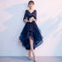 Navy Blue Lace and Tulle Layers V-neckline High Low Party Dress, Blue Short Prom Dress