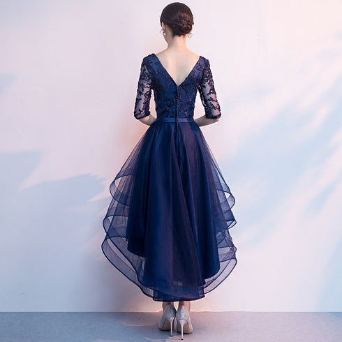 Navy Blue Lace and Tulle Layers V-neckline High Low Party Dress, Blue Short Prom Dress