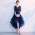 Navy Blue Lace and Tulle Layers V-neckline High Low Party Dress, Blue Short Prom Dress