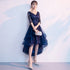 Navy Blue Lace and Tulle Layers V-neckline High Low Party Dress, Blue Short Prom Dress