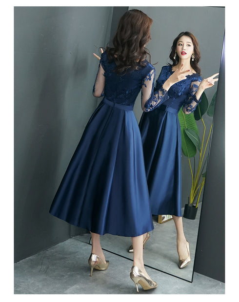 Navy Blue Satin Tea Length with Lace Long Sleeves Bridesmaid Dress, Blue Short Party Dress
