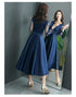 Navy Blue Satin Tea Length with Lace Long Sleeves Bridesmaid Dress, Blue Short Party Dress