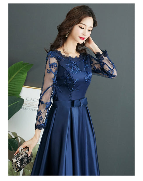 Navy Blue Satin Tea Length with Lace Long Sleeves Bridesmaid Dress, Blue Short Party Dress