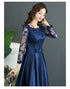 Navy Blue Satin Tea Length with Lace Long Sleeves Bridesmaid Dress, Blue Short Party Dress