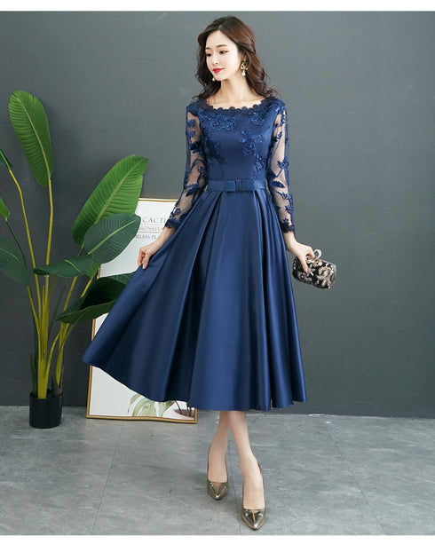 Navy Blue Satin Tea Length with Lace Long Sleeves Bridesmaid Dress, Blue Short Party Dress