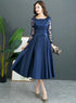 Navy Blue Satin Tea Length with Lace Long Sleeves Bridesmaid Dress, Blue Short Party Dress