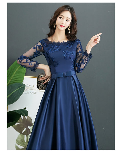 Navy Blue Satin Tea Length with Lace Long Sleeves Bridesmaid Dress, Blue Short Party Dress