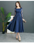 Navy Blue Satin Tea Length with Lace Long Sleeves Bridesmaid Dress, Blue Short Party Dress