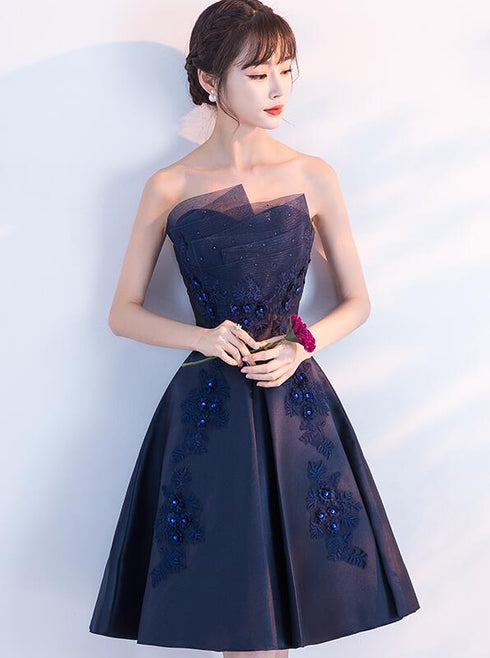 Navy Blue Satin with Lace Applique Knee Length Party Dress, Navy Blue Prom Dress