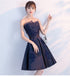 Navy Blue Satin with Lace Applique Knee Length Party Dress, Navy Blue Prom Dress