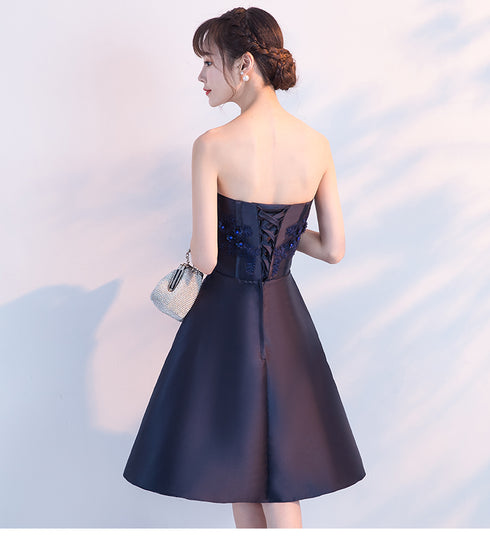 Navy Blue Satin with Lace Applique Knee Length Party Dress, Navy Blue Prom Dress