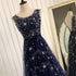 Navy Blue Shiny Tulle A-line Round Neckline Long Party Dress, Blue Prom Dresses