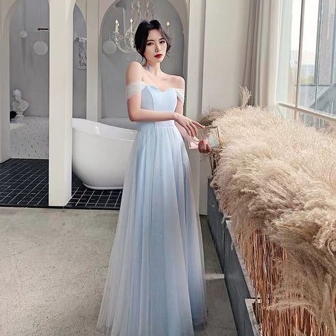 Light Blue Off Shoulder Sweetheart Tulle Long Party Dress, A-line Simple Floor Length Prom Dress