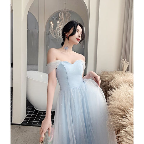 Light Blue Off Shoulder Sweetheart Tulle Long Party Dress, A-line Simple Floor Length Prom Dress