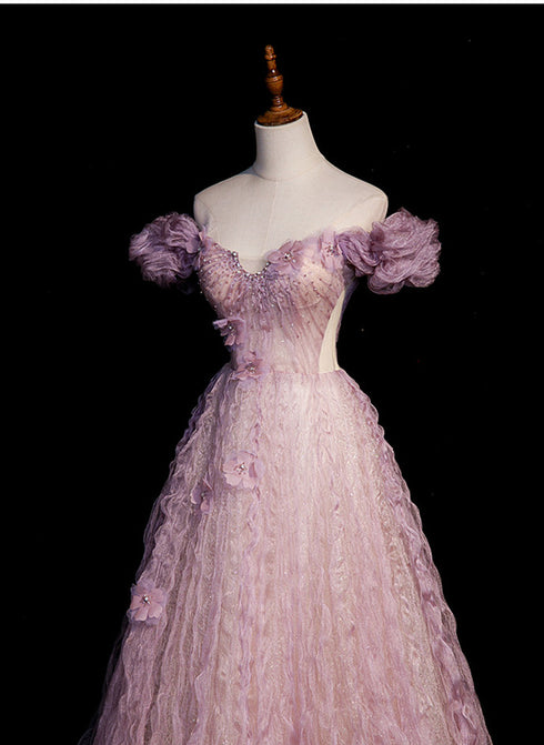 Pink Tulle Long Off Shoulder Party Dress with Flowers, Pink Evening Dress Prom Dress