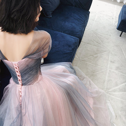 Blue Tulle Long Off Shoulder Gradient A-line Formal Dress, Pink Party Dress Evening Gown
