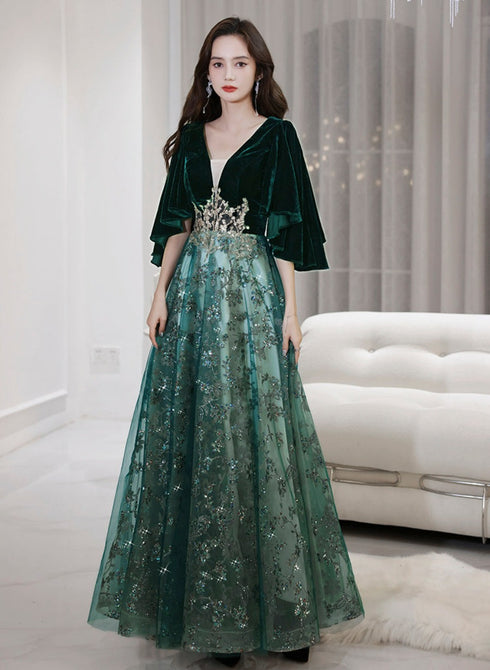 Green V-neckline Velvet Top and Tulle Long Party Dress, Green Formal Dress