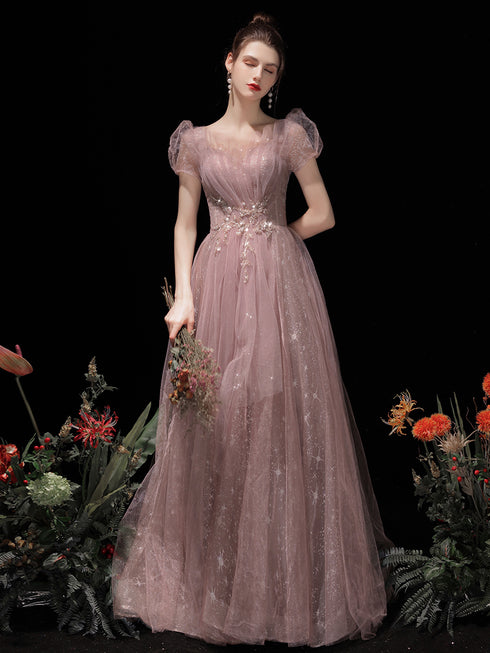 Pink Tulle Short Sleeves A-line Floor Length Formal Dress, Pink Cute Long Prom Dress