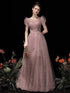 Pink Tulle Short Sleeves A-line Floor Length Formal Dress, Pink Cute Long Prom Dress
