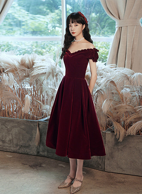 Wine Red Off Shoulder Velvet Tea Length Party Dress, Velvet Prom Dress Homecoming Dress