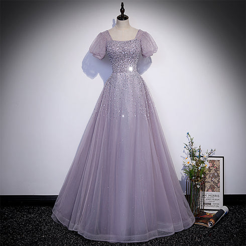 Beautiful Light Purple Sequins Short Sleeves Party Dress, Purple Formal Dresses