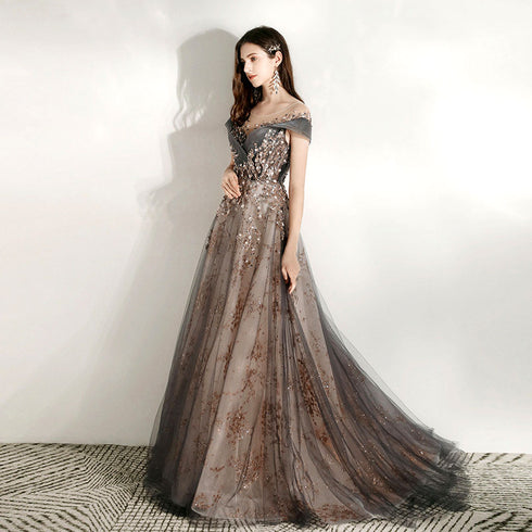 Grey and Champagne Tulle Lace Long Party Dress, A-line Formal Dress Prom Dress