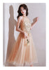 Champagne Halter Tea Length Shiny Tulle with Lace, A-line Short Prom Dress