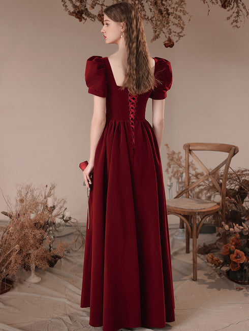 Wine Red Short Sleeves A-line Velvet Party Dress, Wine Red Bridesmaid Dress