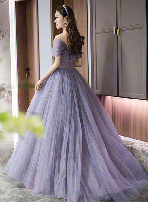 Purple Beaded Tulle Ball Gown Formal Dress, Off Shoulder Sweet 16 Formal Dress