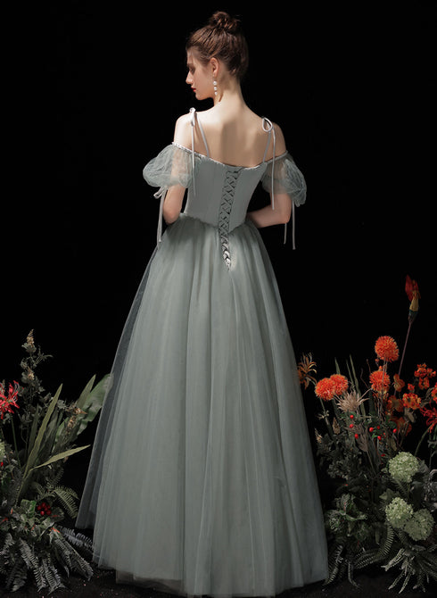 Light Green Tulle and Satin Party Dress, A-line Long Prom Dress Formal Dress