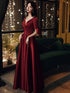 Burgundy Satin Short Sleeves A-line Floor Length Prom Dress, Burgundy Party Dress