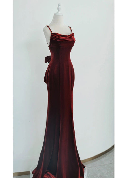 Wine Red Velvet Long Party Dress, Mermaid Open Back Long Prom Dress